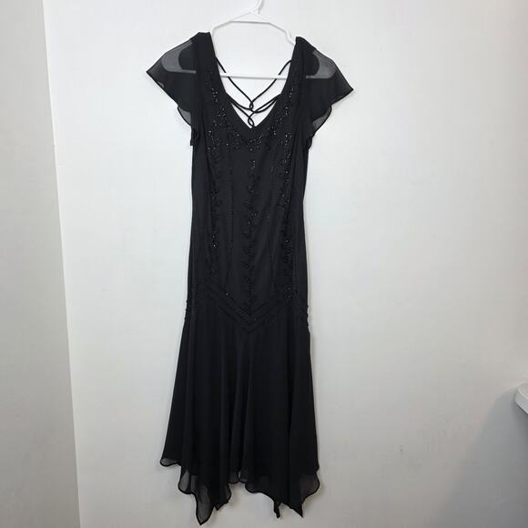 S.L. Fashions Black Beaded 90's Flapper Party Feminine Midi Dress Size 8 - Picture 6 of 7